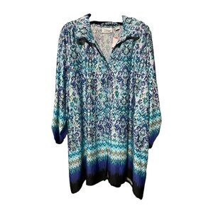 Avenue Aqua Purple White Pattern Button down 3/4 length Sleeve